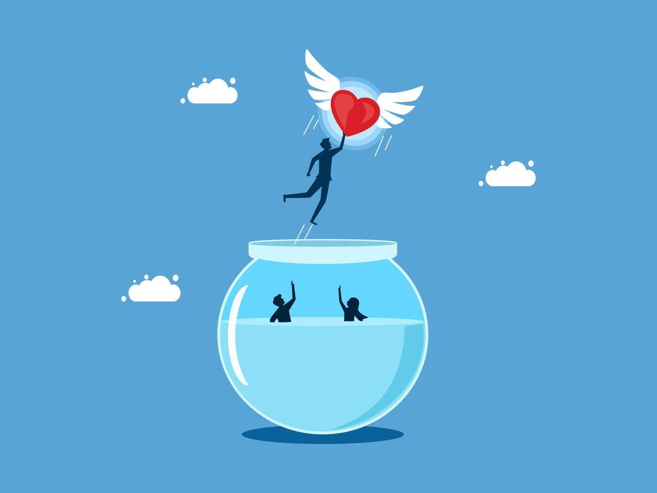 man flying with heart in fish bowl vector