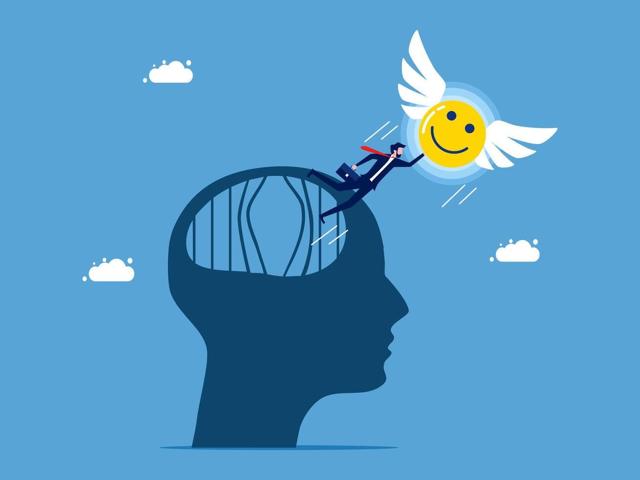 businessman is flying over a smiling face in the head vector