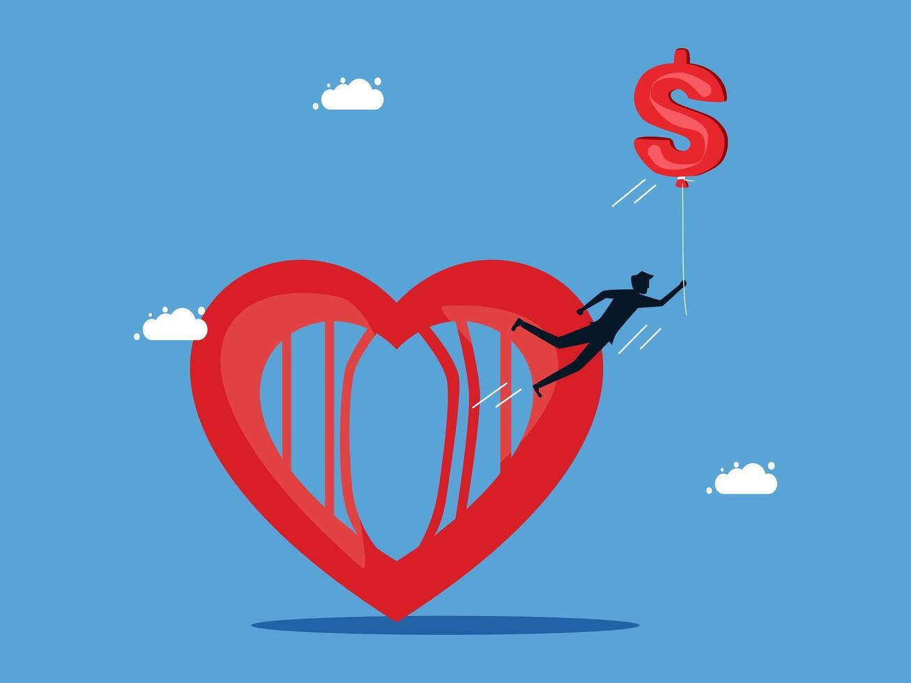 a man is hanging from a heart shaped balloon with a dollar sign vector