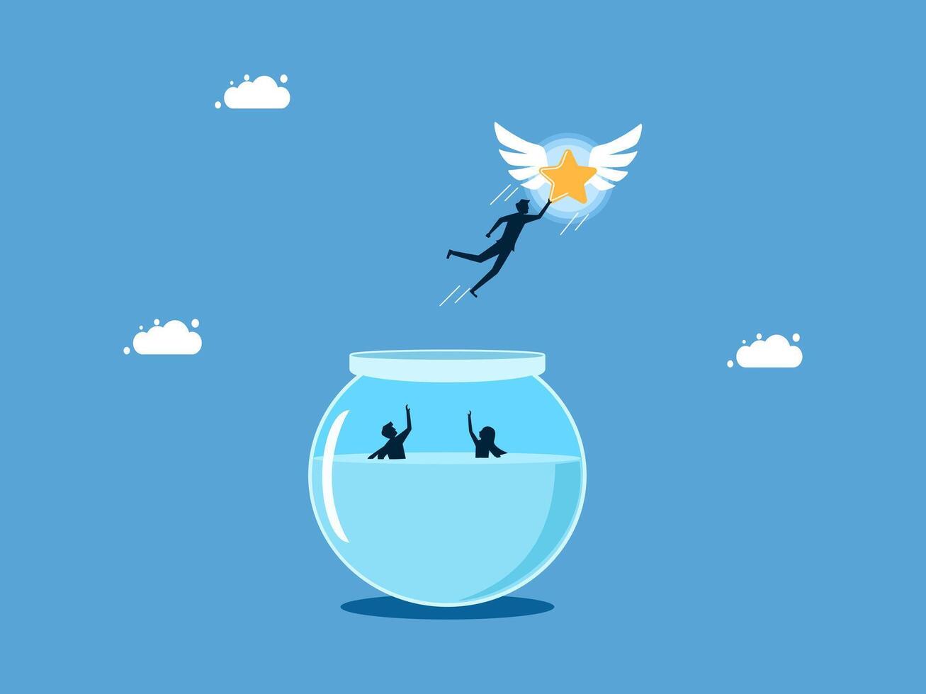 a man is flying out of a fish bowl with a star vector