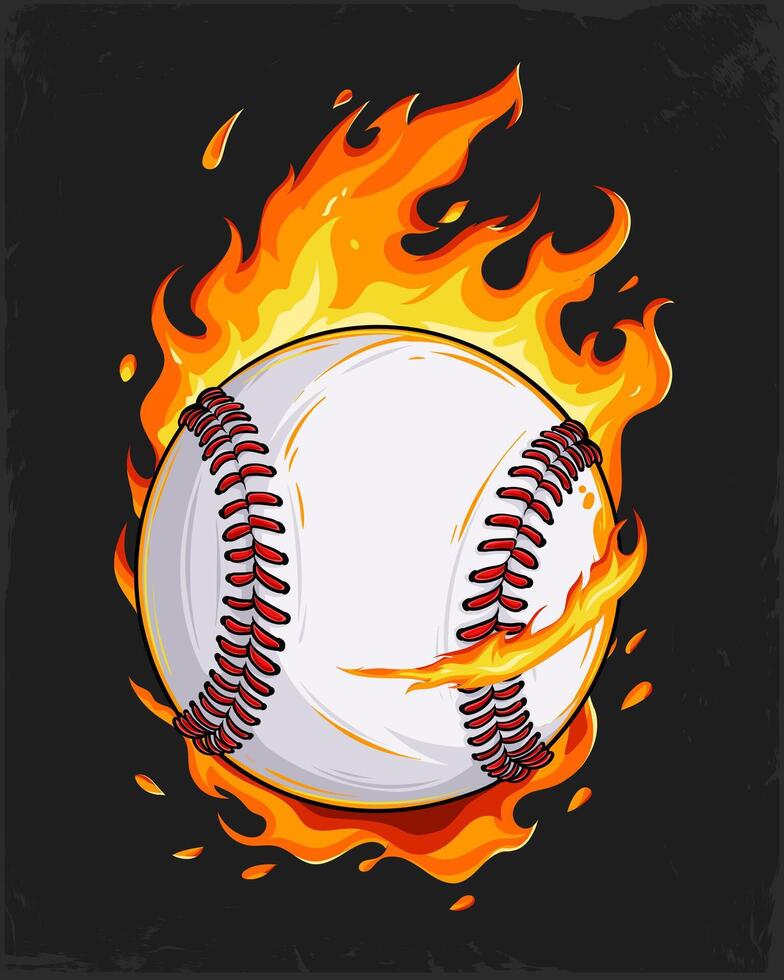 Hand drawn sport professional white baseball ball stitched set on fire isolated on black background vector