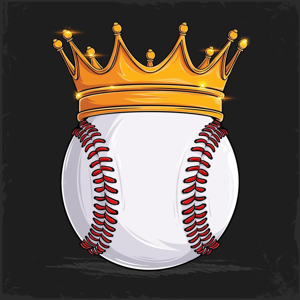 Hand drawn white Baseball Ball with red stitches with golden royal crown on top, baseball with crown vector