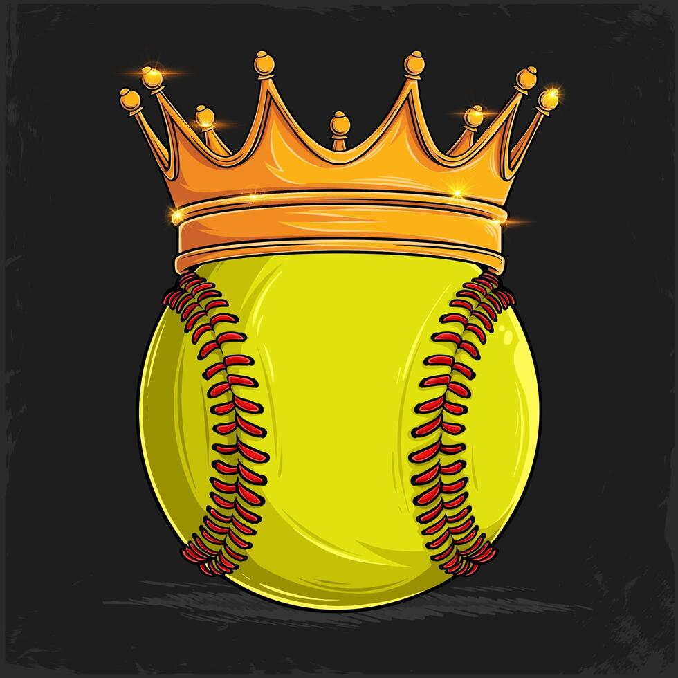 Hand drawn yellow Softball Ball with red stitches with golden shiny royal crown, softball with crown vector