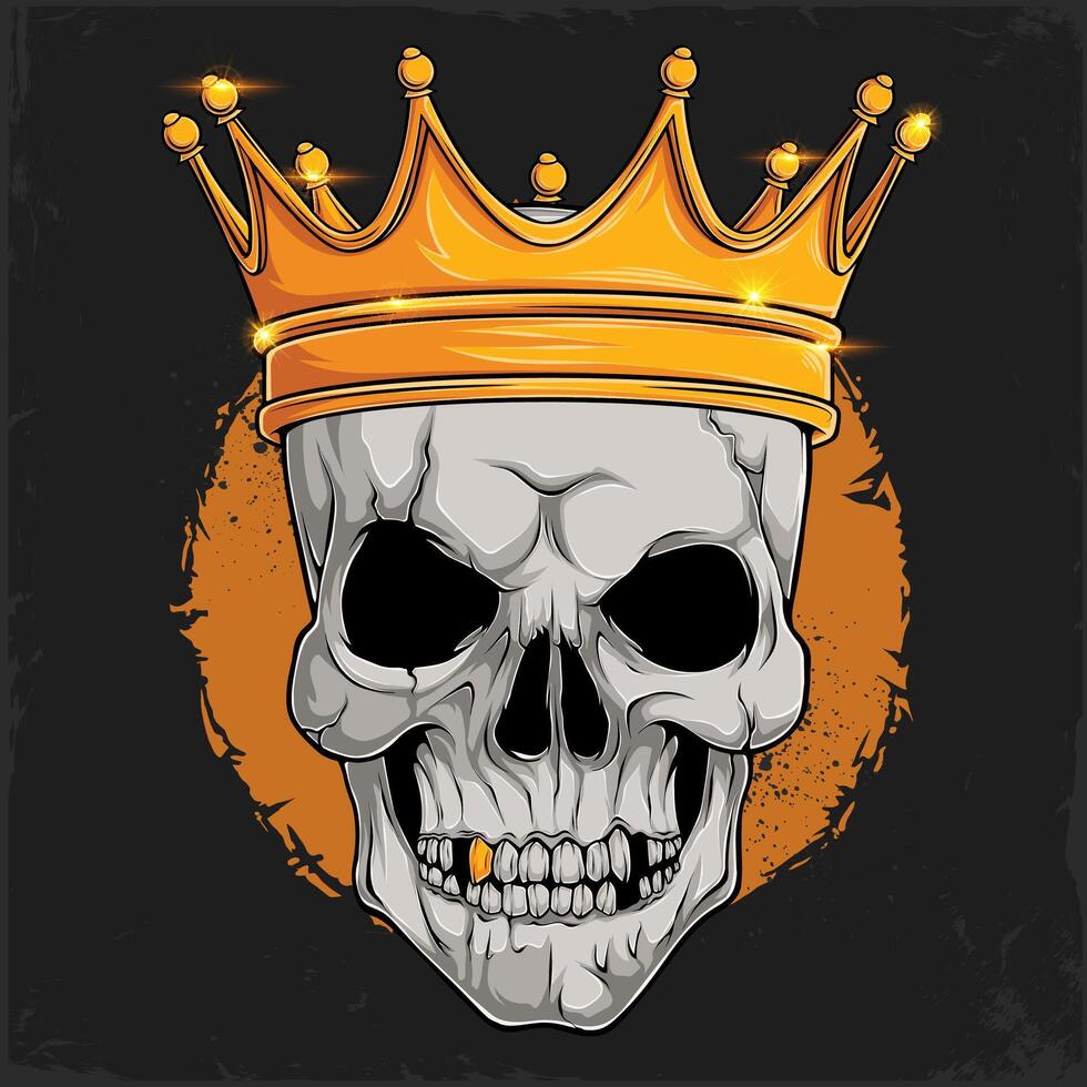 Hand drawn human skull head wearing a shiny golden majestic royal crown on top, skull with crown vector