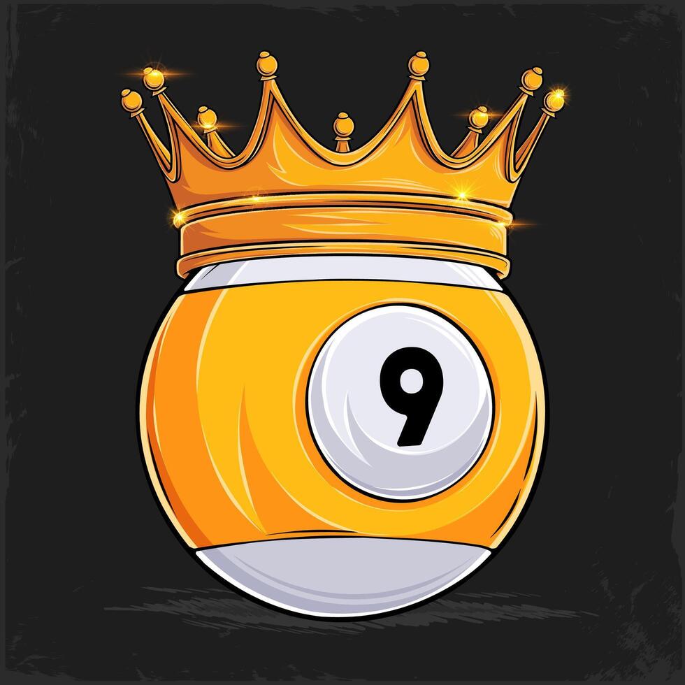 Hand drawn white yellow nine billiard ball with golden majestic royal crown, pool ball with crown vector