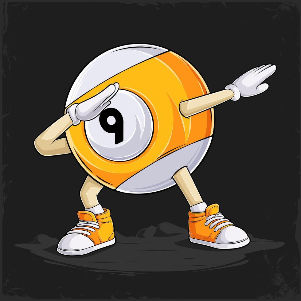 Hand drawn funny Dabbing nine billiard pool Ball with hands and legs doing dab dance gesture pose vector