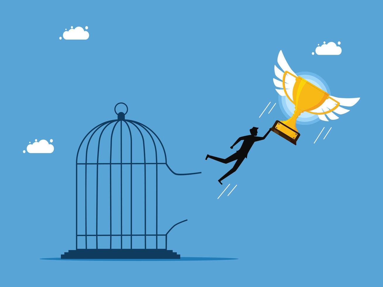 man flying away from the cage with a golden trophy vector