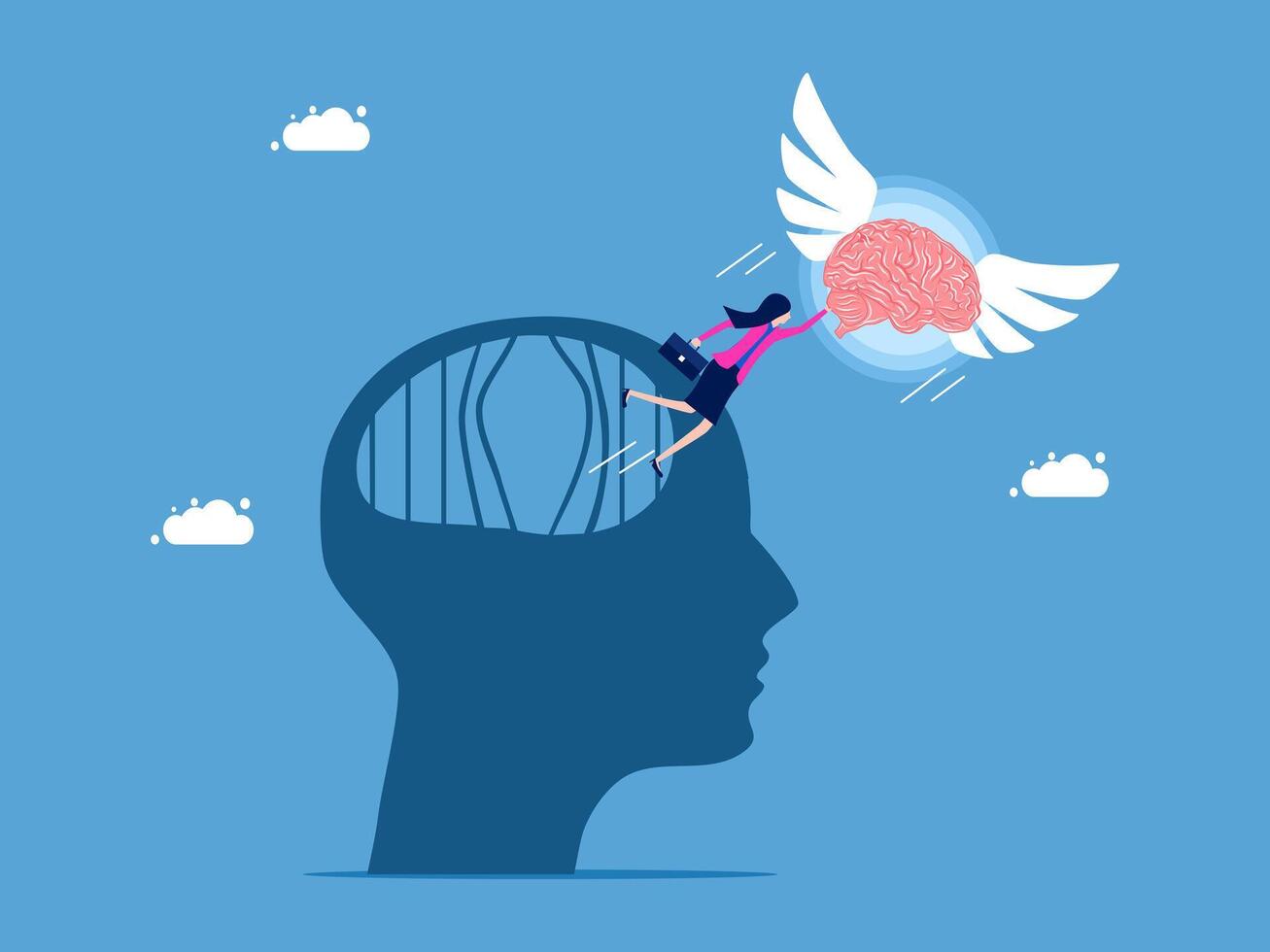 woman flying over a brain with wings vector