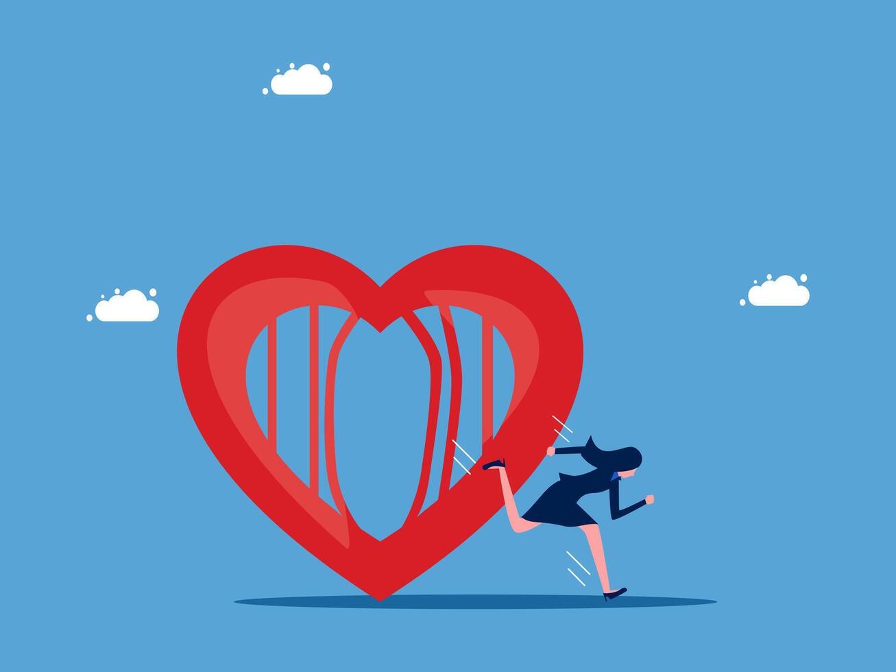 a woman running away from a heart shaped object vector