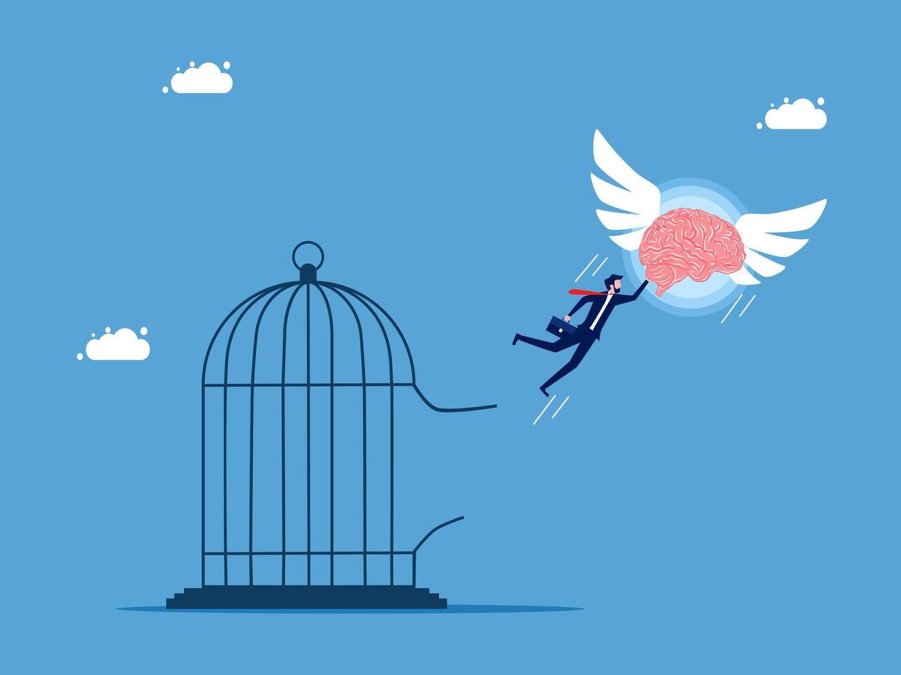 businessman is flying away from a brain in a cage vector