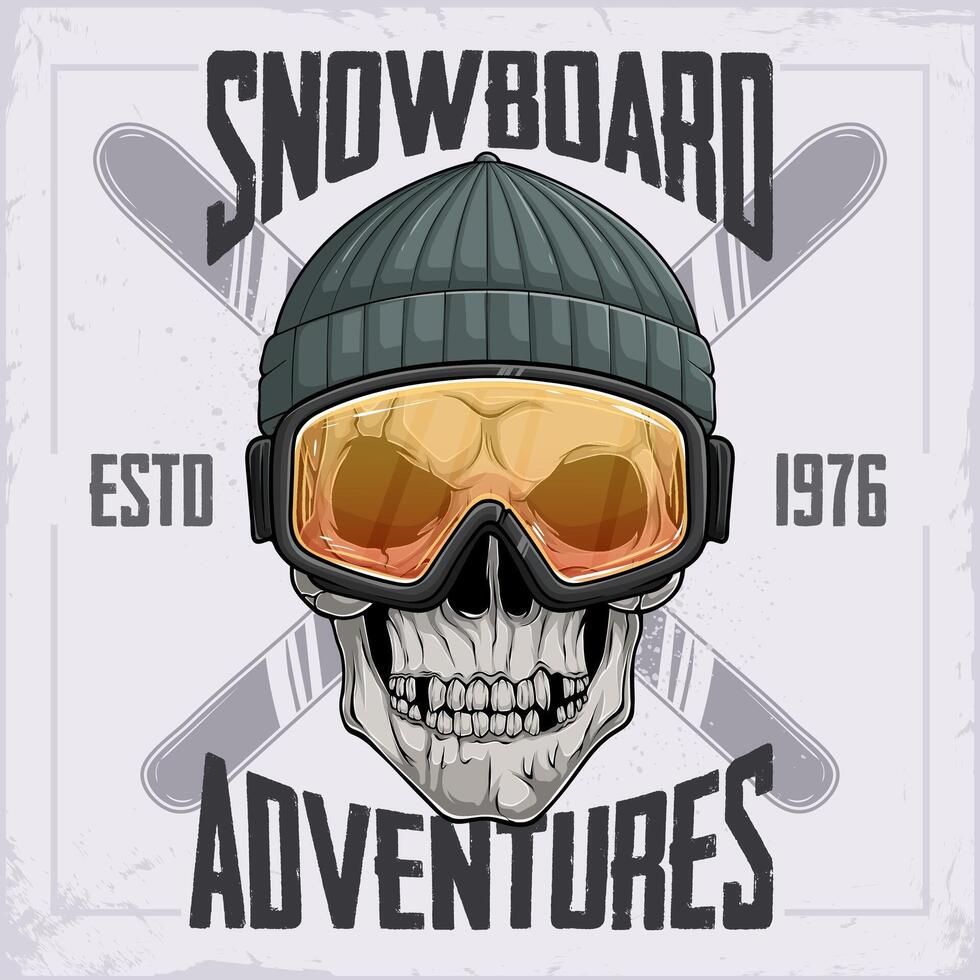Hand drawn human skull wears skiing helmet with yellow goggles ready for snowboarding adventures vector
