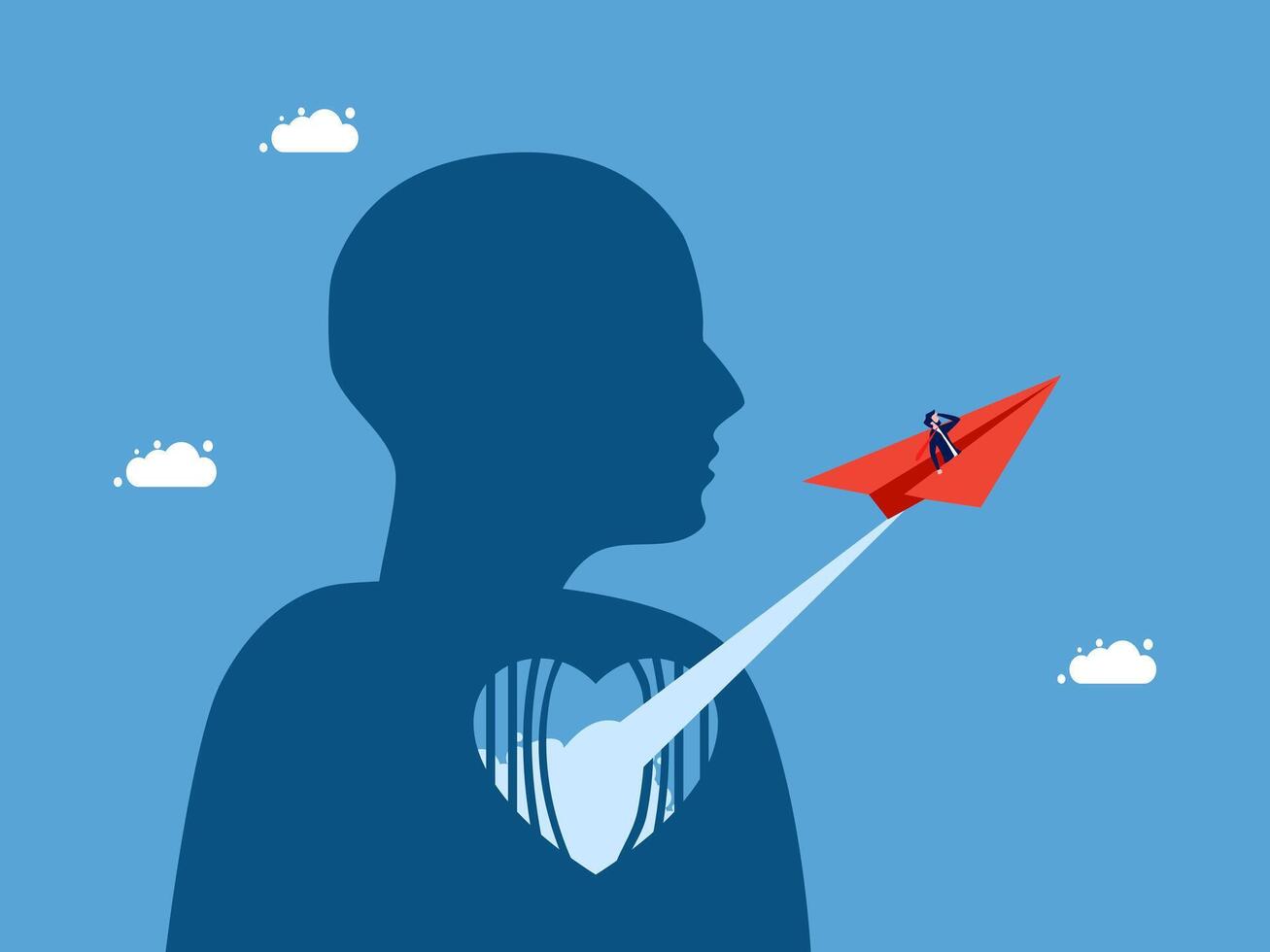 a man is flying a paper airplane with a heart on it vector