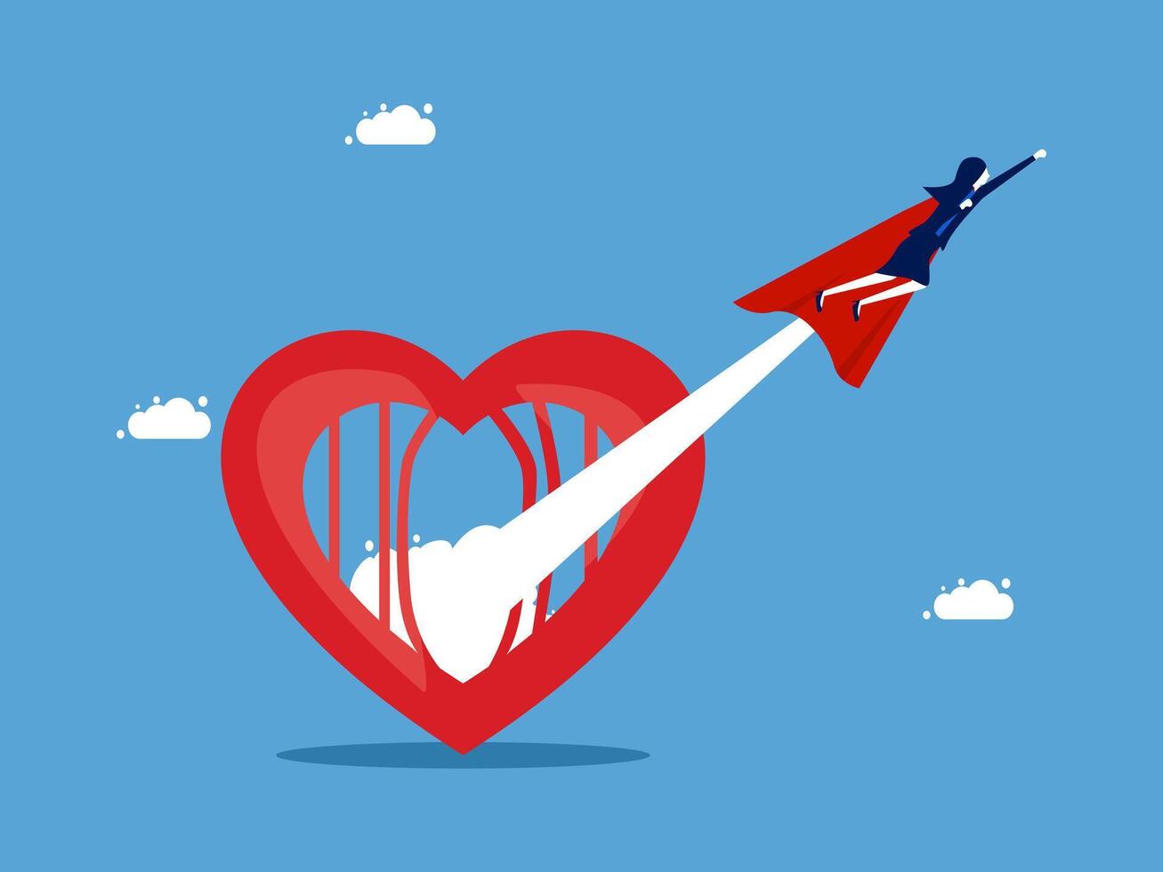 a woman flying a red heart shaped rocket vector