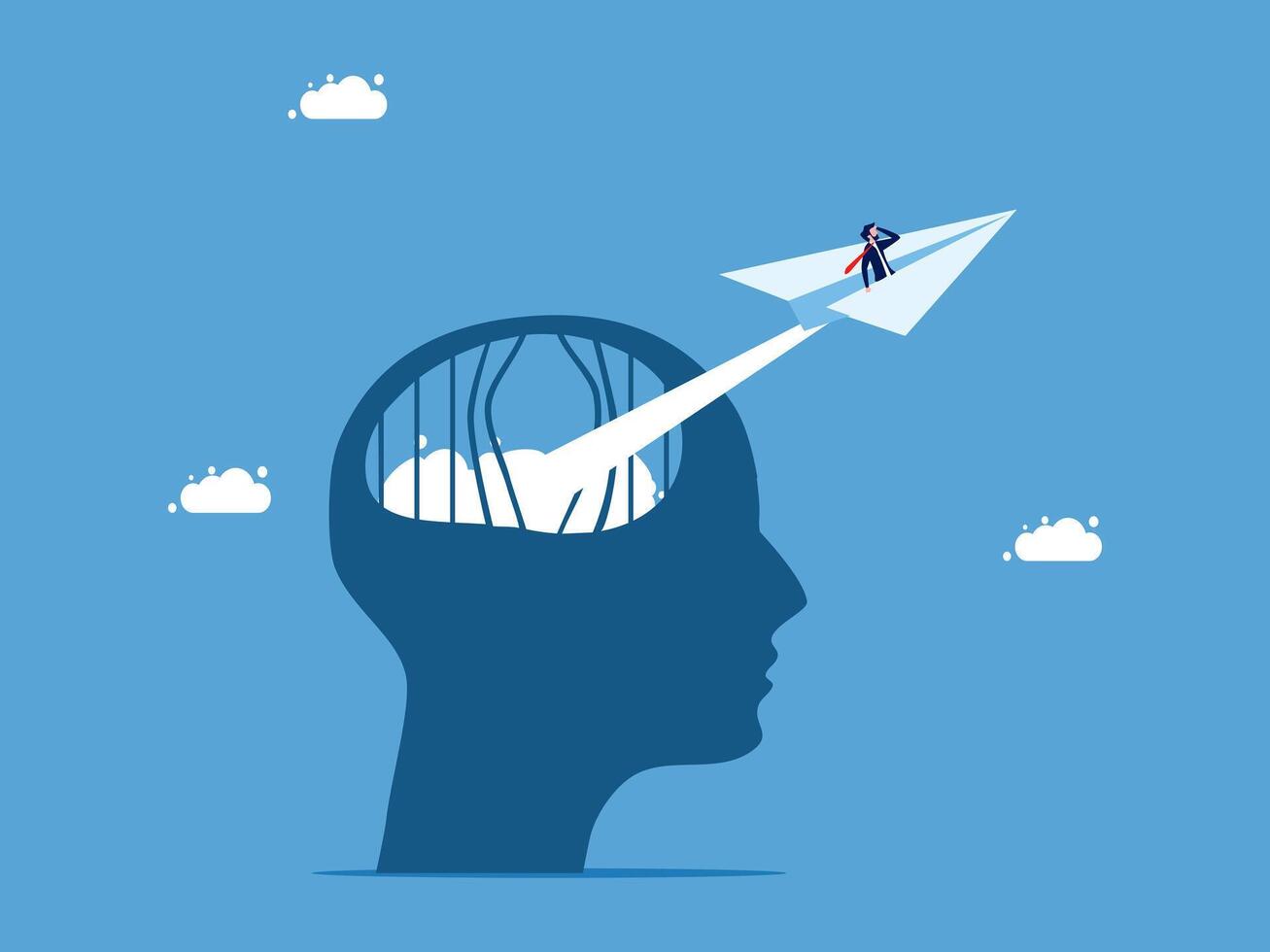 man flying paper airplane over head of human brain vector