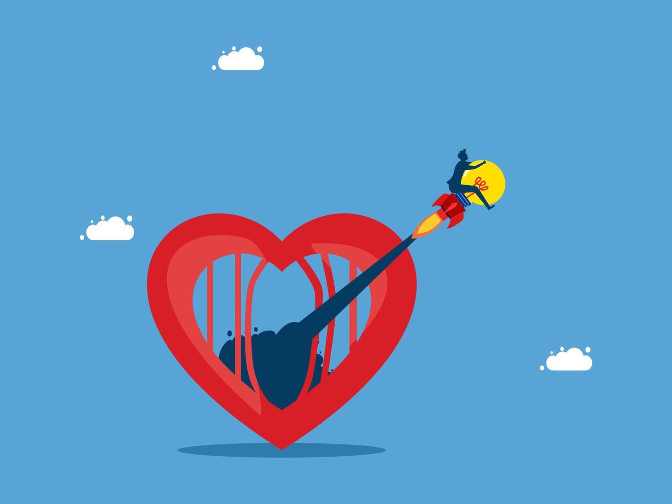 a man is flying through a heart shaped hole vector