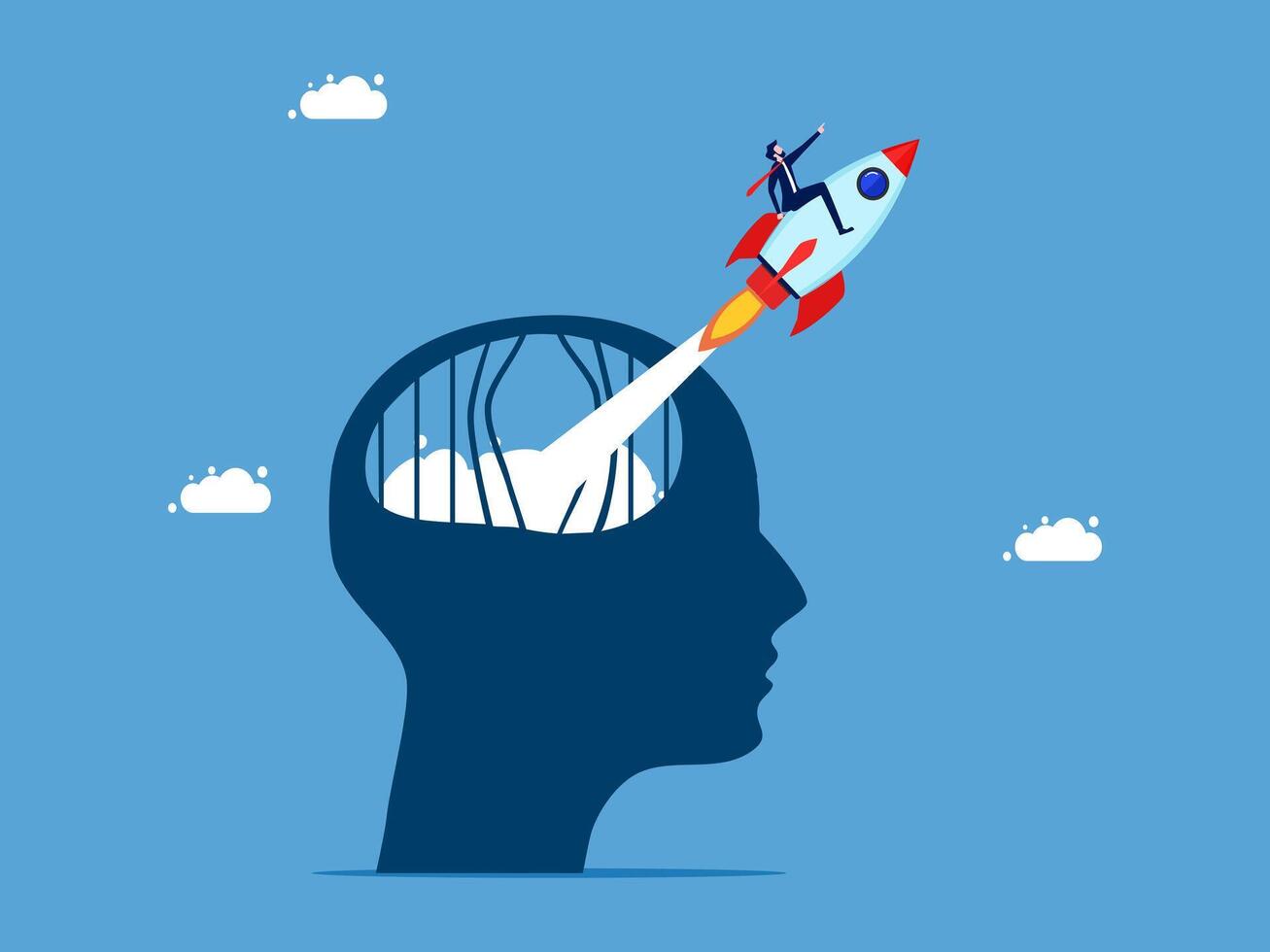 businessman is flying a rocket into the head of a person vector