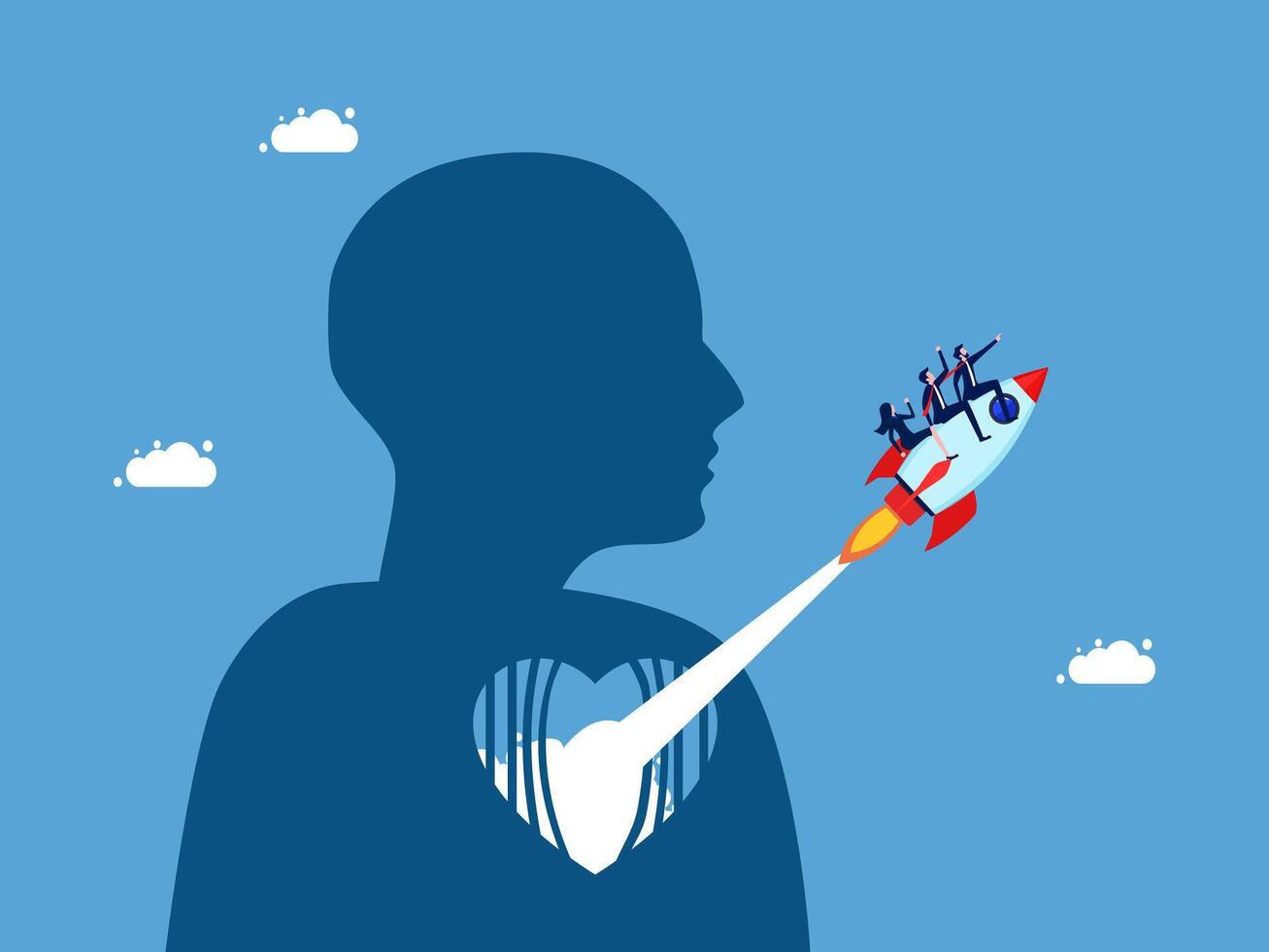 team business with a heart shaped rocket in his chest vector