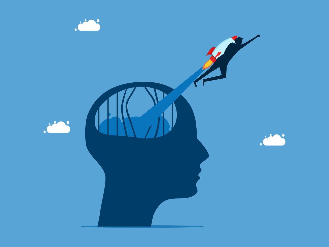 man flying over the head of a brain with a rocket vector