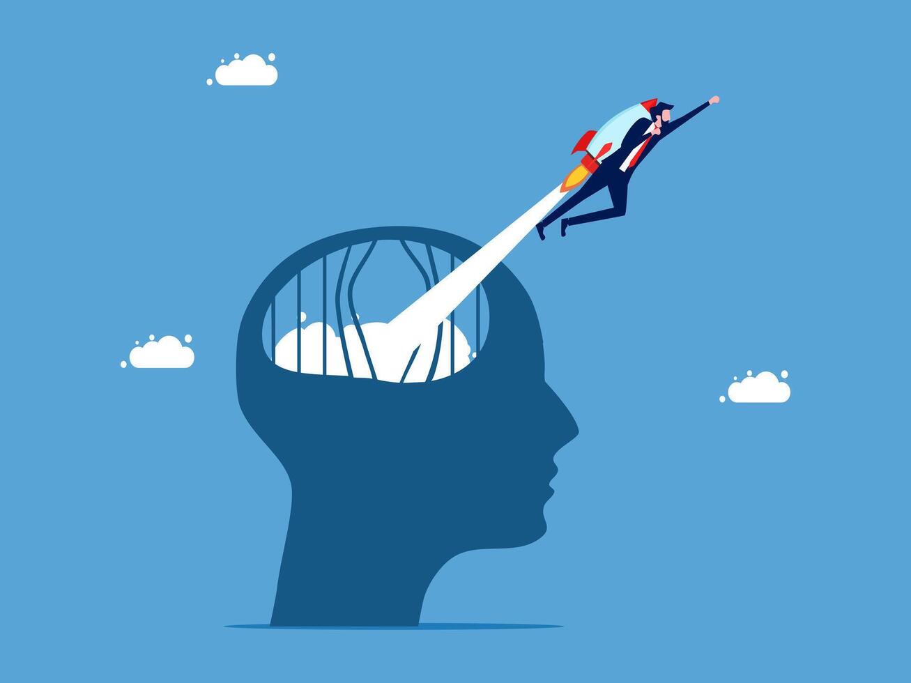 businessman flying over the head of a brain with a rocket vector