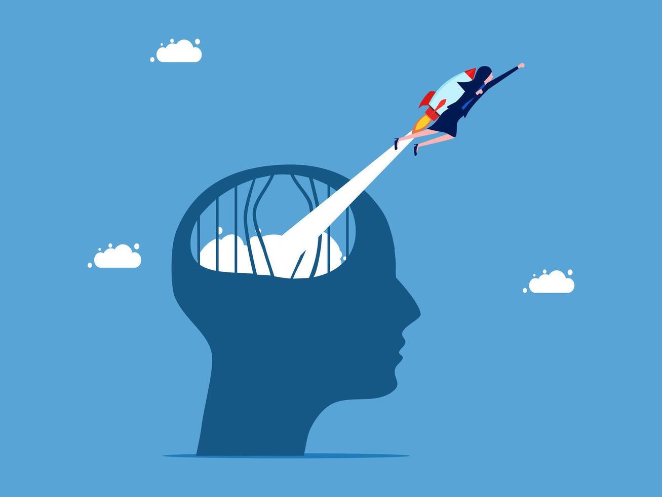 businesswoman flying over the head of a brain with a rocket vector