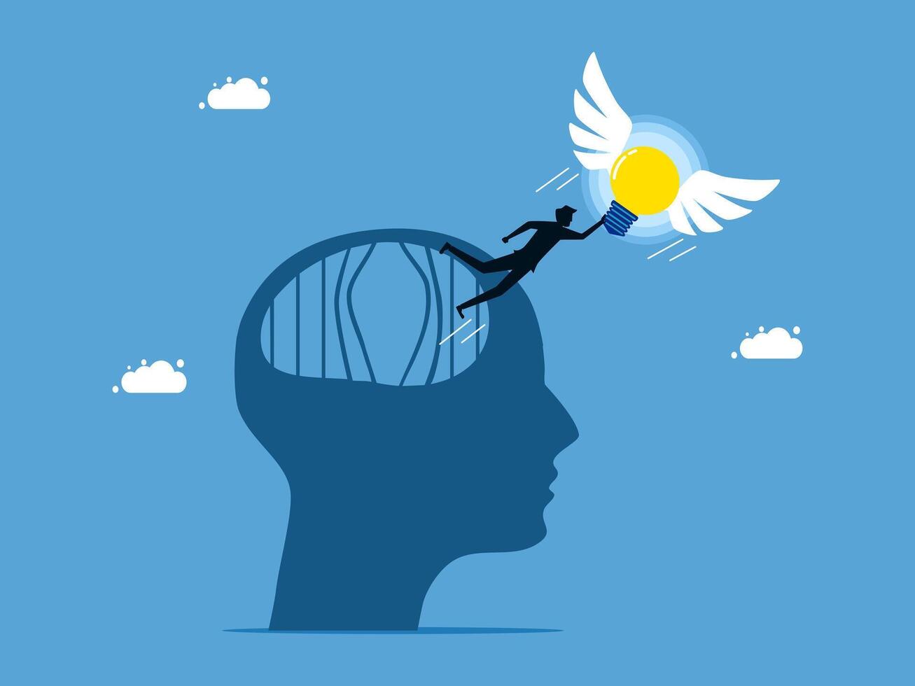 a man is flying above a head with a light bulb vector