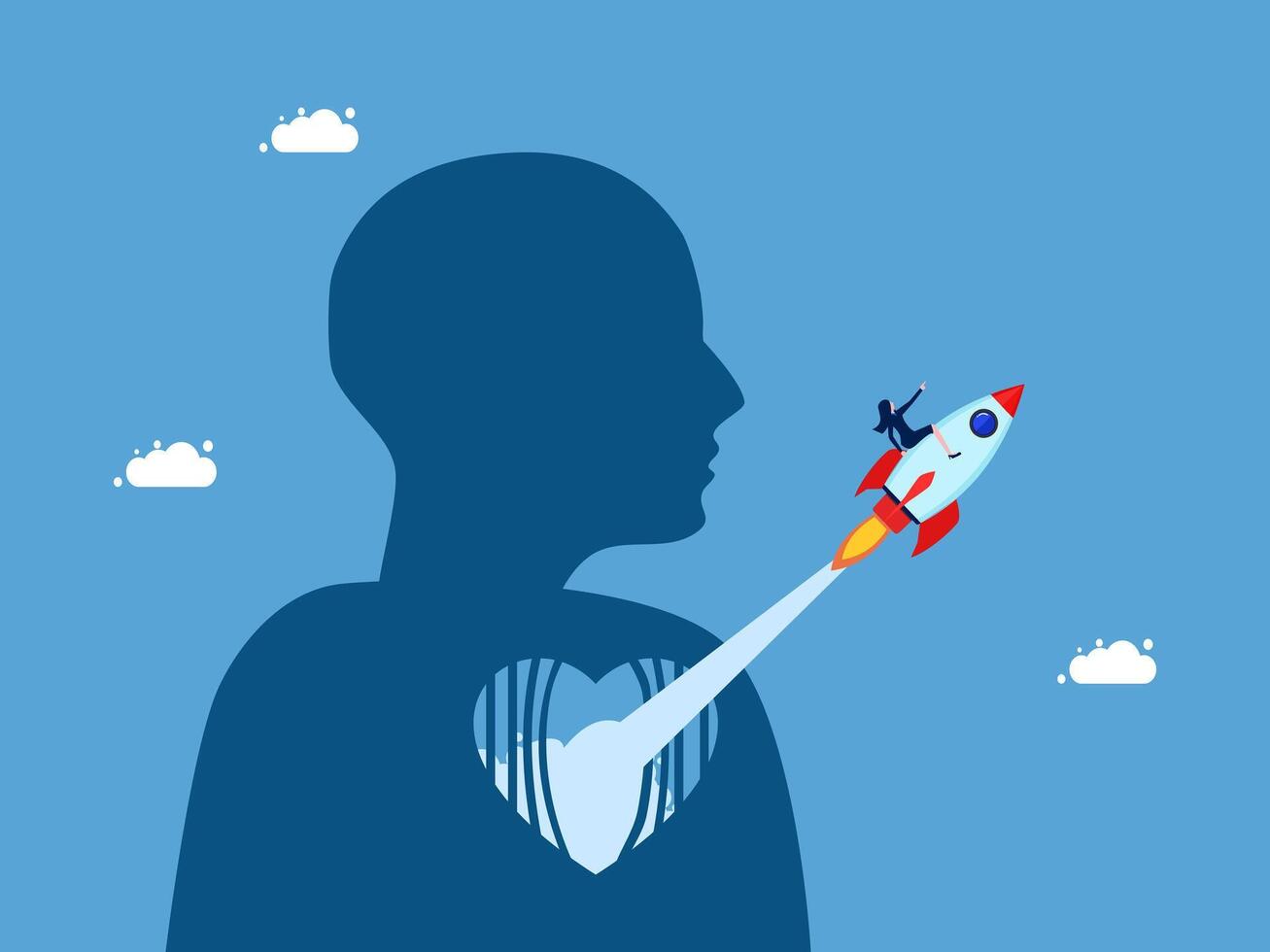 woman is flying a rocket into a heart vector