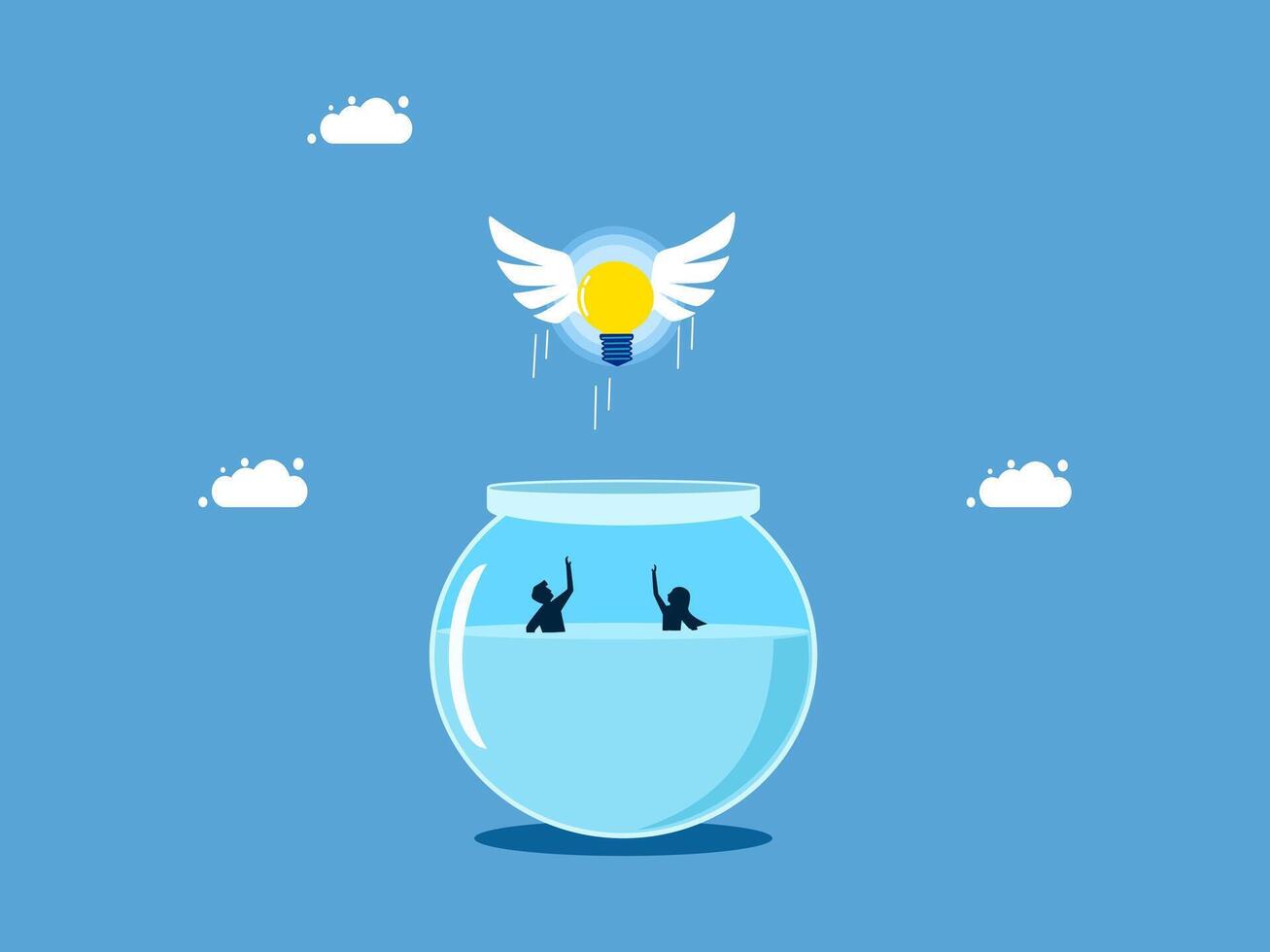 two people in a fish bowl with an idea light bulb vector