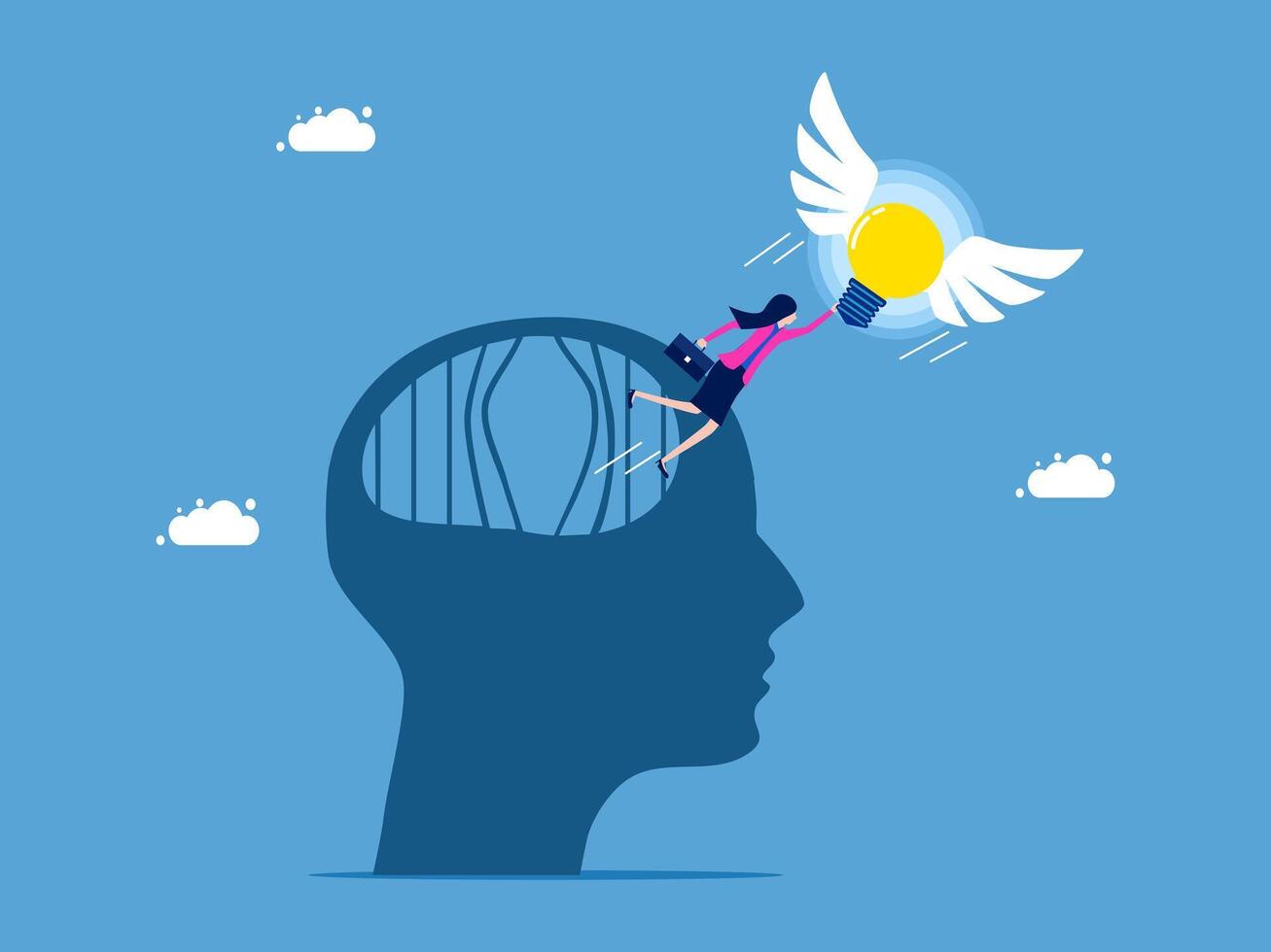 a woman is flying above a man's head with a light bulb vector