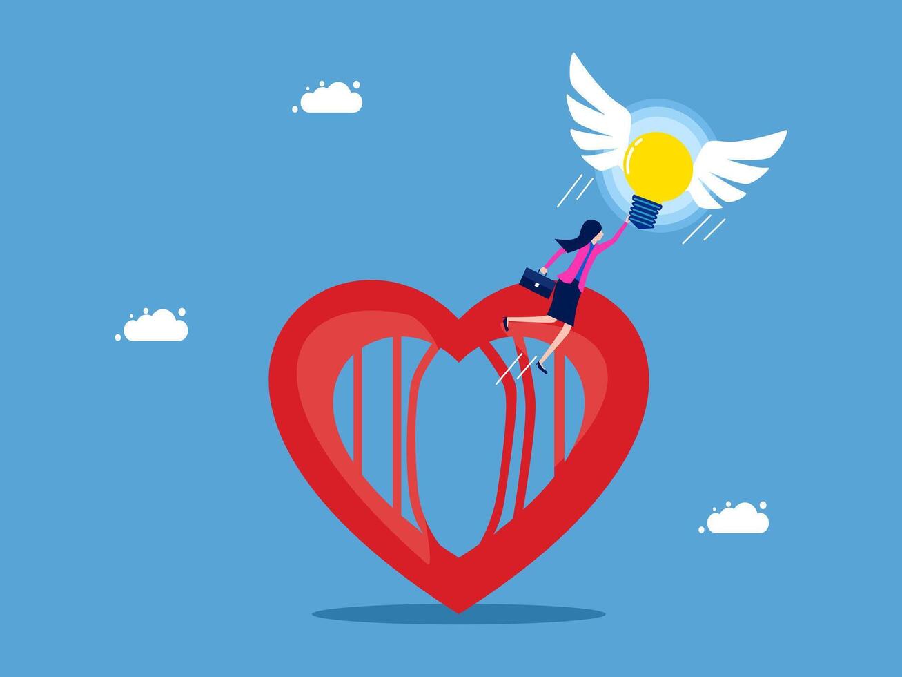a woman is standing on top of a heart with an idea bulb vector