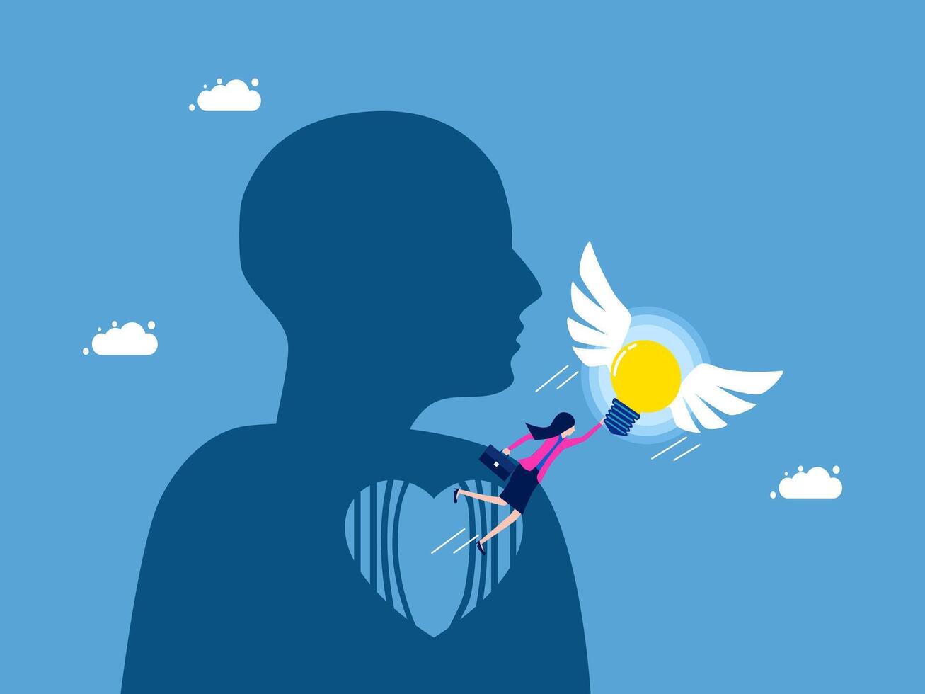a silhouette of a man holding a light bulb and an angel with wings vector