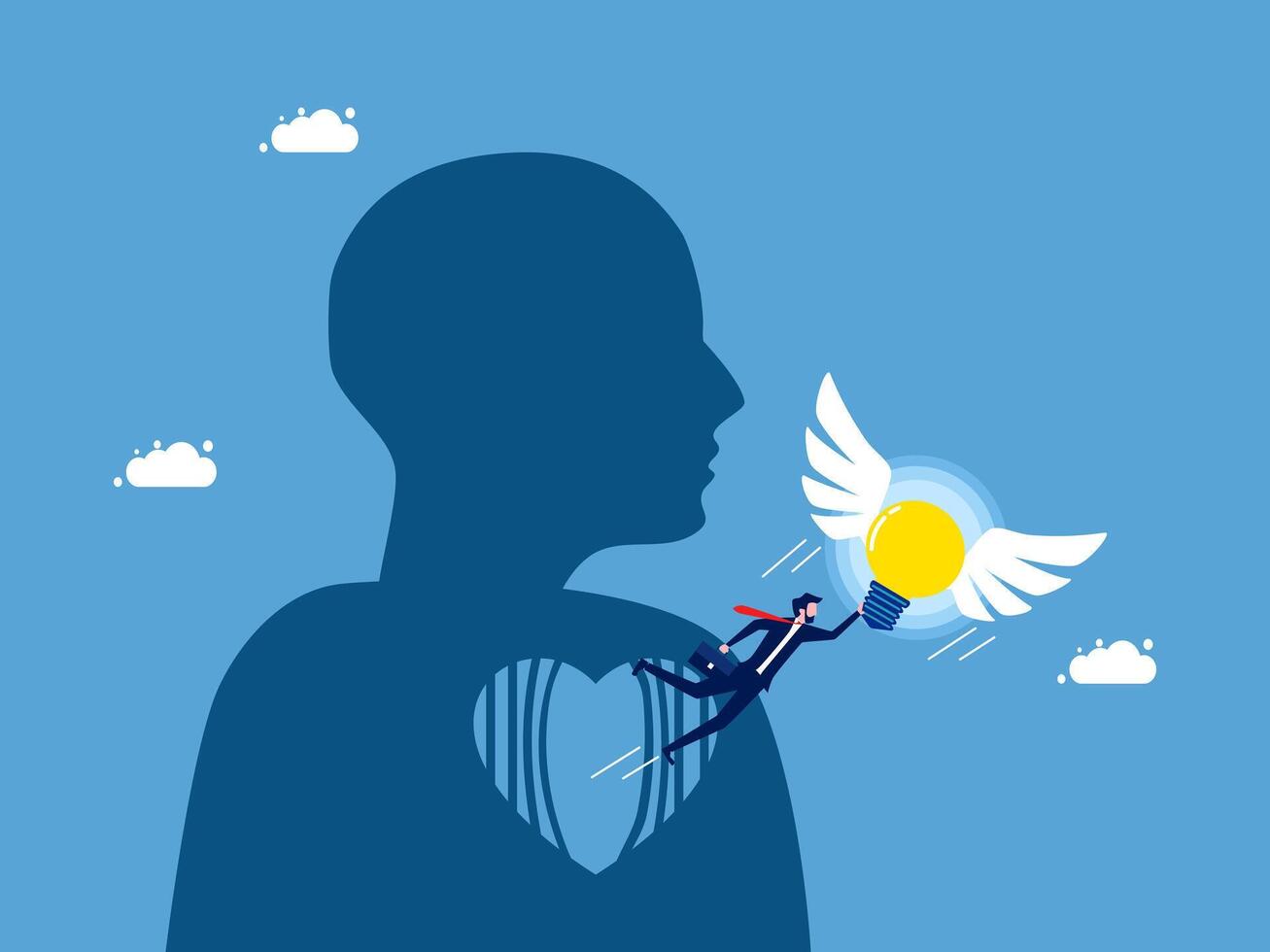 businessman with light bulb in his heart and wings flying over it vector