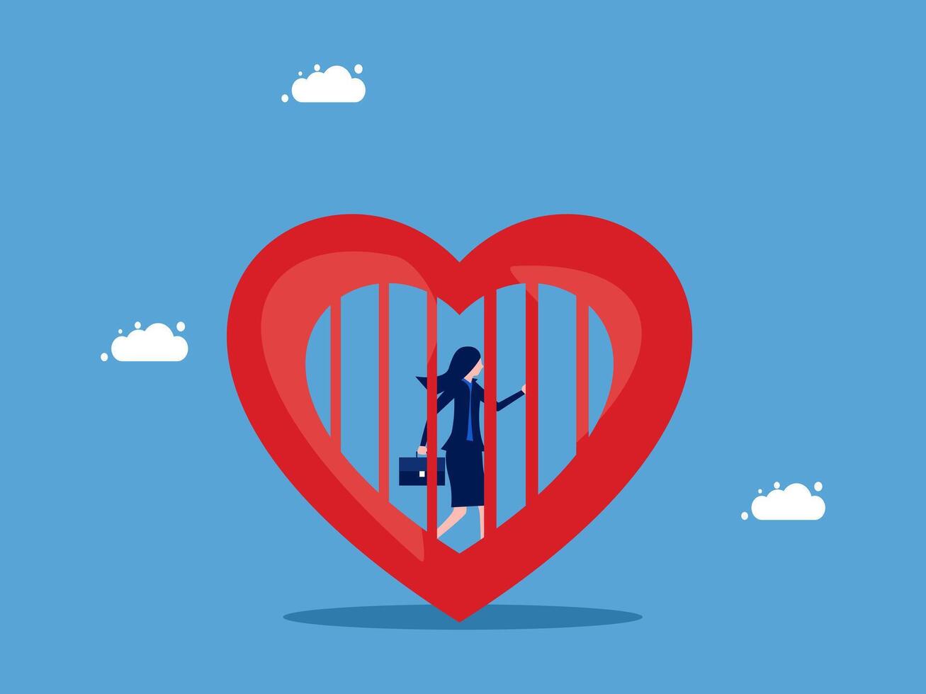 businesswoman is standing inside a heart shaped cage vector