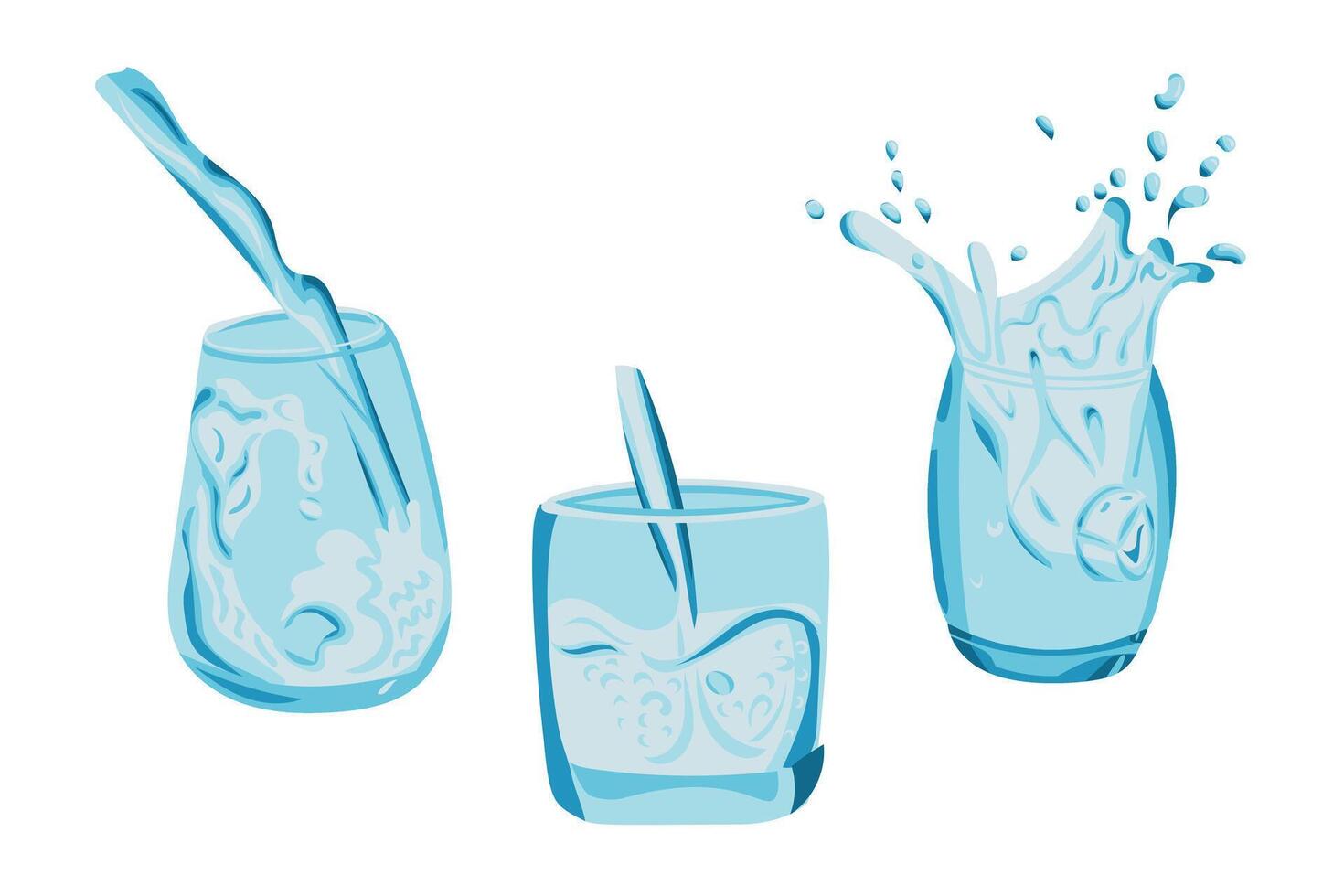 Set of glasses with water splashes in dynamic blue tones. Hand drawn illustrations in flat style isolated on white background vector