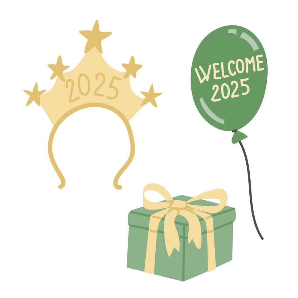 New Years celebration set with golden 2025 headband, green balloon, and gift box. Party elements in flat style isolated on white background vector