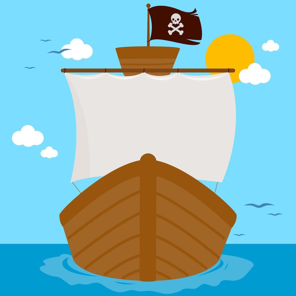 Nautical ocean adventure background with pirate ship with white sails and pirate flag sailing at the sea. Pirate ship floating on ocean water. vector
