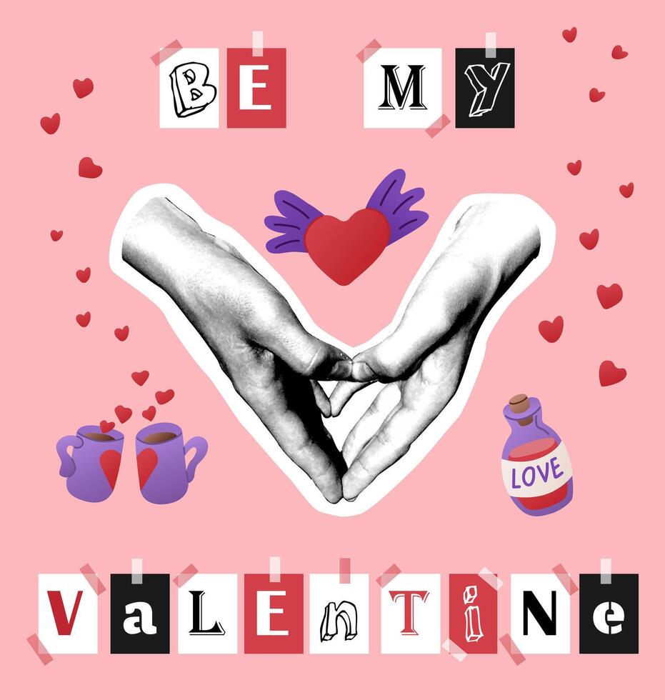 Romantic Valentine collage with hands forming a heart and love themed icons. Mixed media poster with typography in scrapbooking style on pink color vector