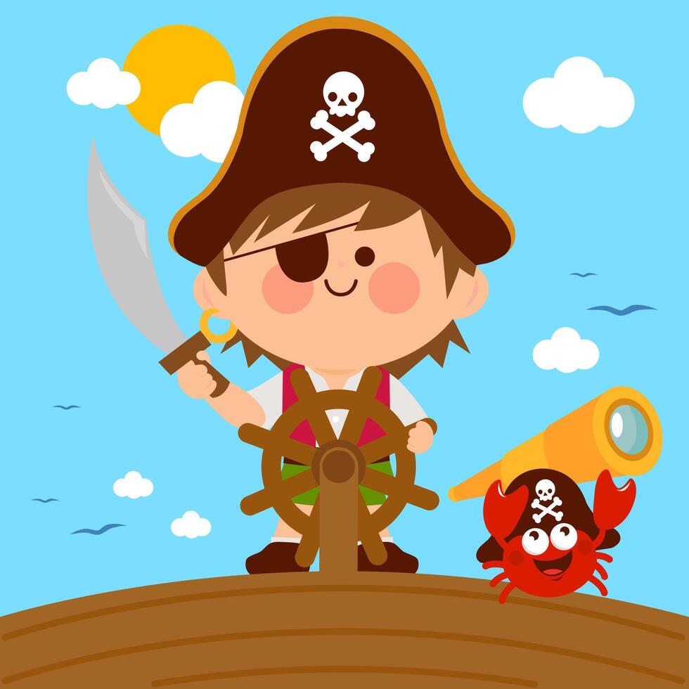 Pirate captain boy with a steering wheel sailing on a ship in the sea with a pirate crab with telescope. vector