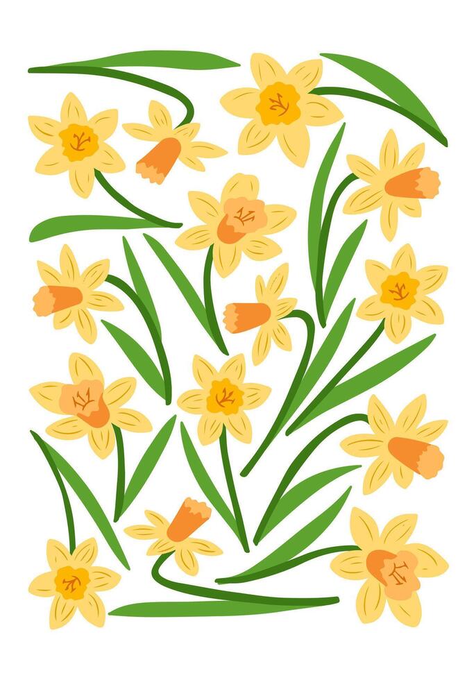 Yellow daffodils with green leaves in a spring floral poster in retro 60s style. Interior poster symbolizing spring, growth, and natural beauty in minimalistic style vector