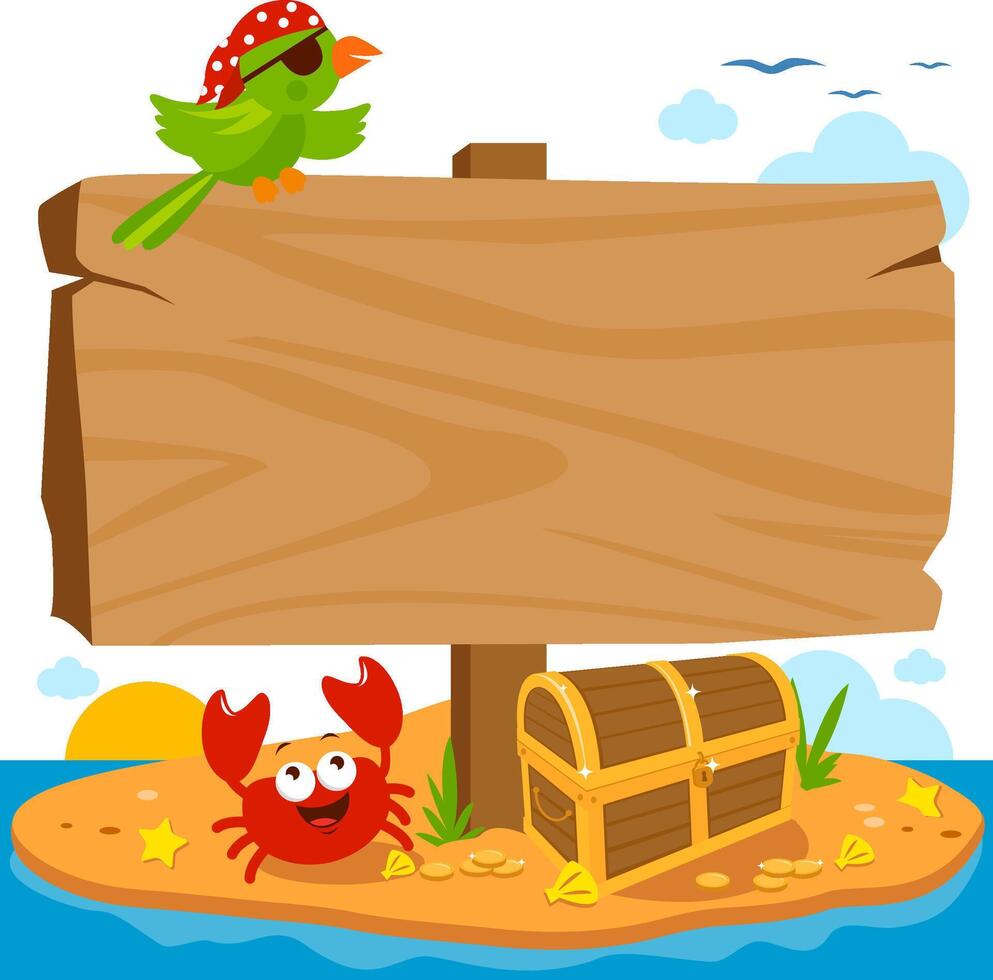 Wooden signpost and pirate chest on an island in the ocean with a treasure chest, a parrot and a crab. Blank wooden signboard on a sea island with a green cartoon parrot bird and a crab. vector