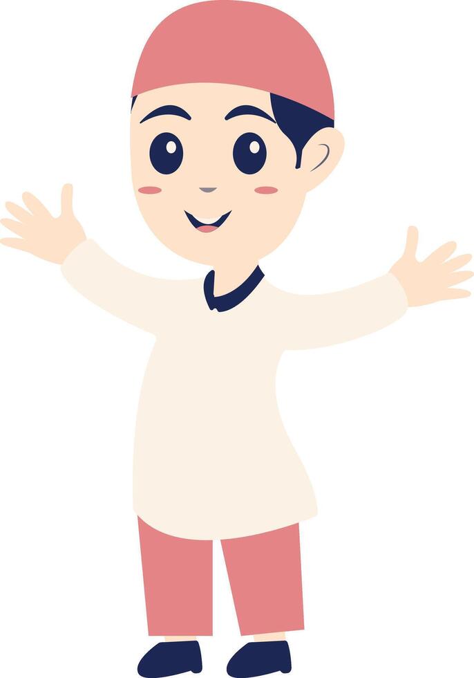 Muslim Boy Character Wearing White Muslim Clothes vector