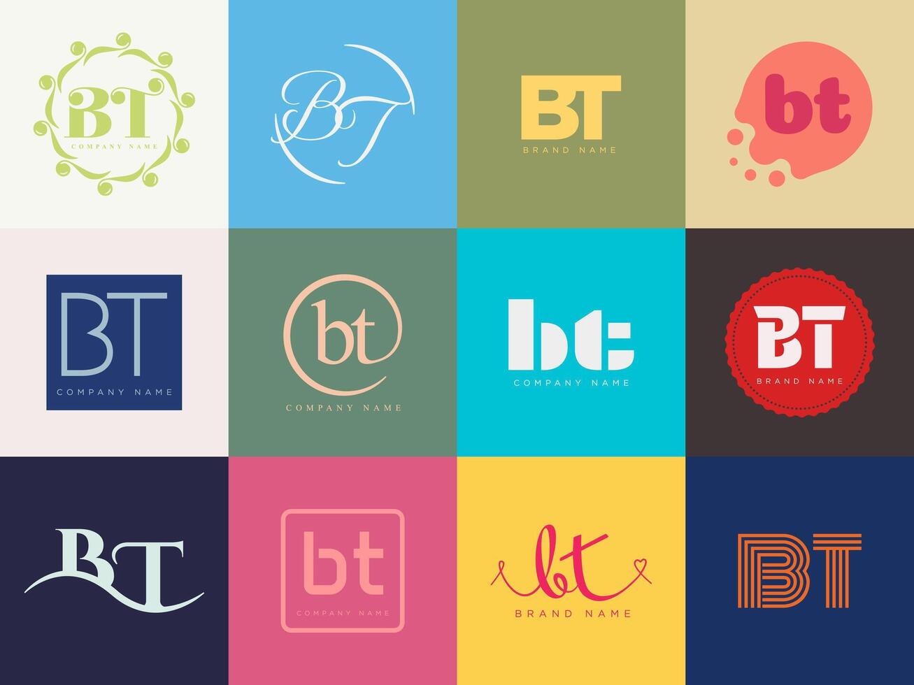 BT logo company template. Letter b and t logotype. Set different classic serif lettering and modern bold text with design elements. Initial font typography. vector