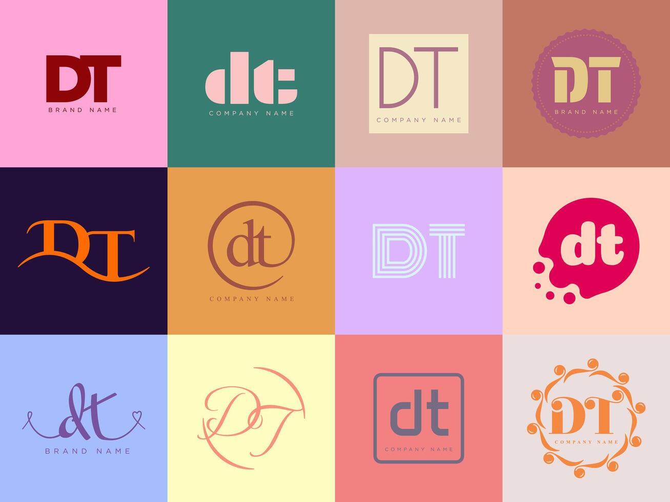 DT logo company template. Letter d and t logotype. Set different classic serif lettering and modern bold text with design elements. Initial font typography. vector