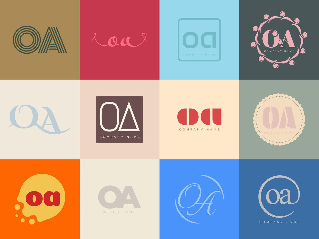 OA logo company template. Letter o and a logotype. Set different classic serif lettering and modern bold text with design elements. Initial font typography. vector