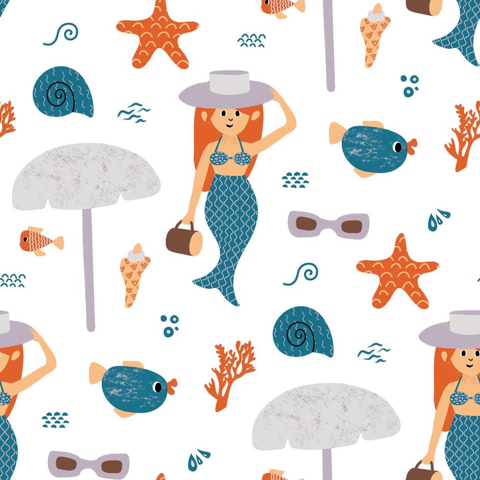 Seamless Mermaid Pattern With Coral, Starfish, And Beach Accessories vector