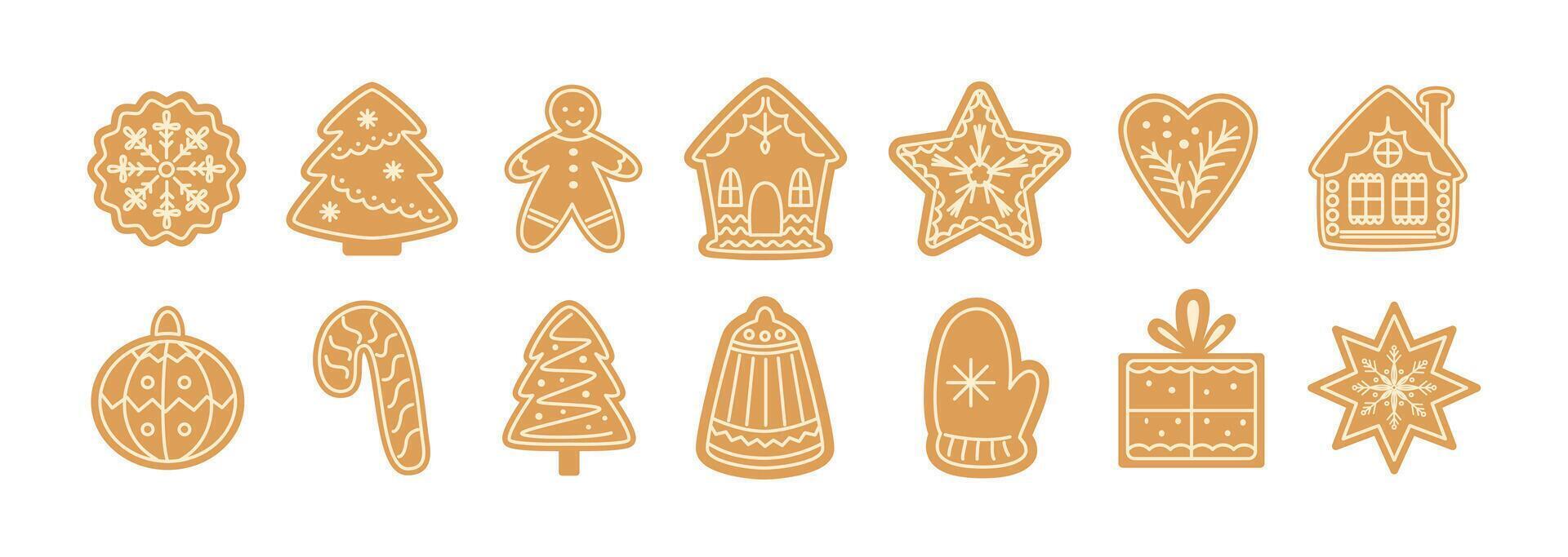 Christmas gingerbread cookies. Icons, doodle. Traditional xmas biscuits. Gingerbread man, houses. Homemade sweets for winter festive holidays. Children's treat. illustrations isolated on white. vector