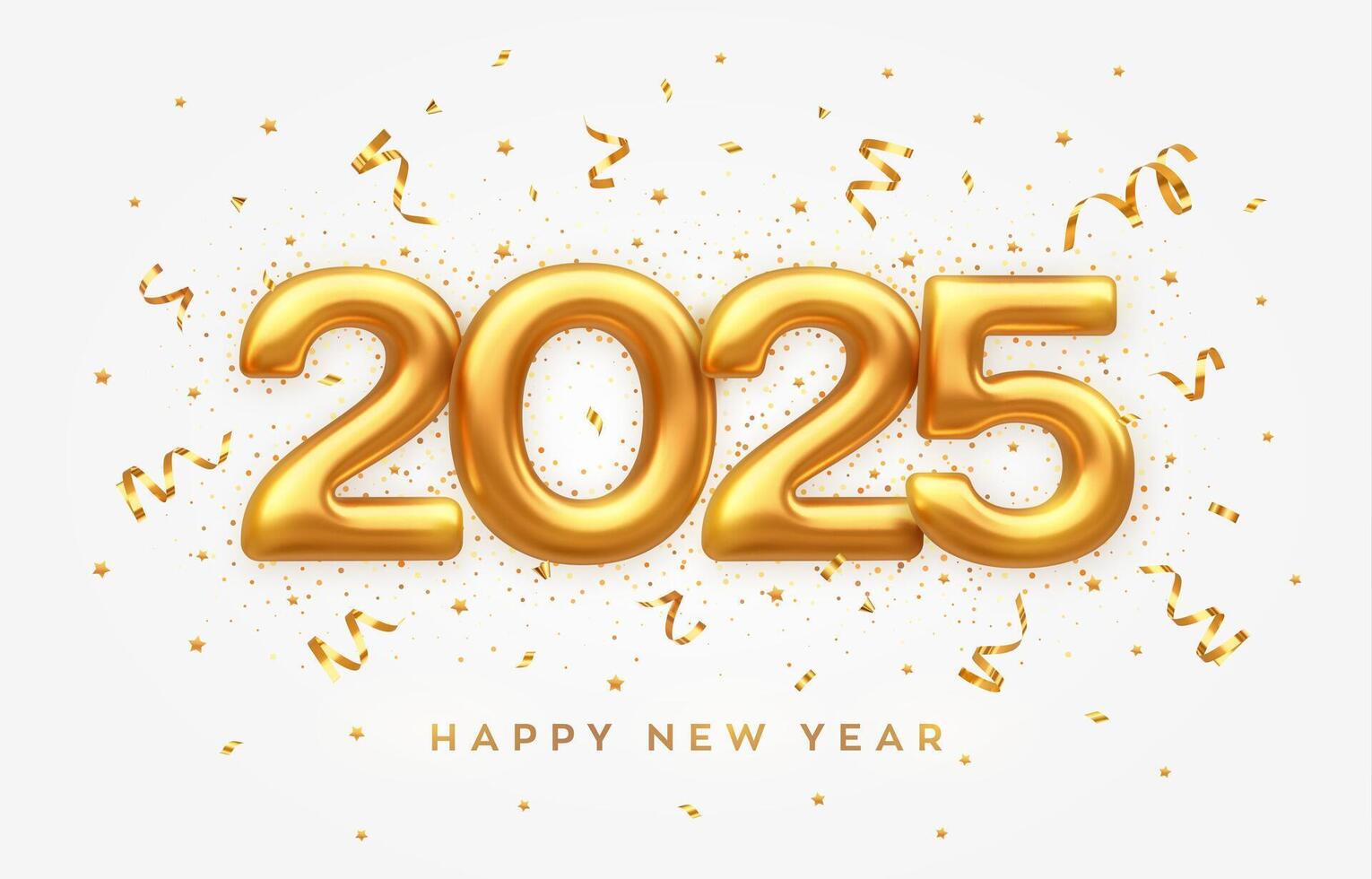 Happy New Year 2025. Golden 3D numbers 2025 isolated on white background. Realistic festive metallic luxury gold numbers. Merry Christmas and Happy New Year greeting card. vector