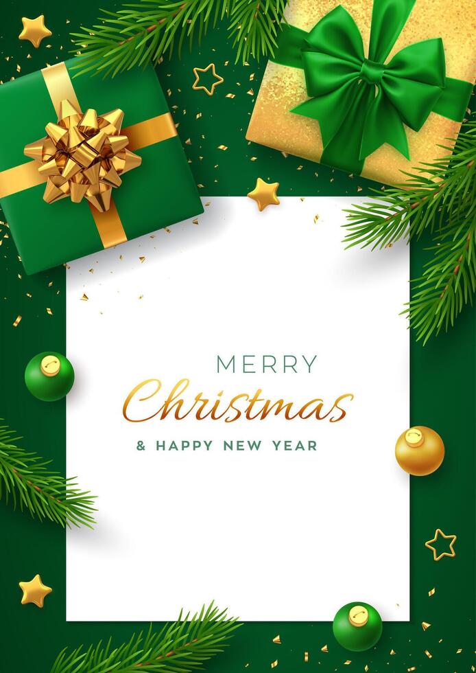 Christmas background with square paper banner, realistic gift boxes with green and golden bows, pine branches, gold stars and glitter confetti, balls bauble. Xmas background, greeting cards. vector