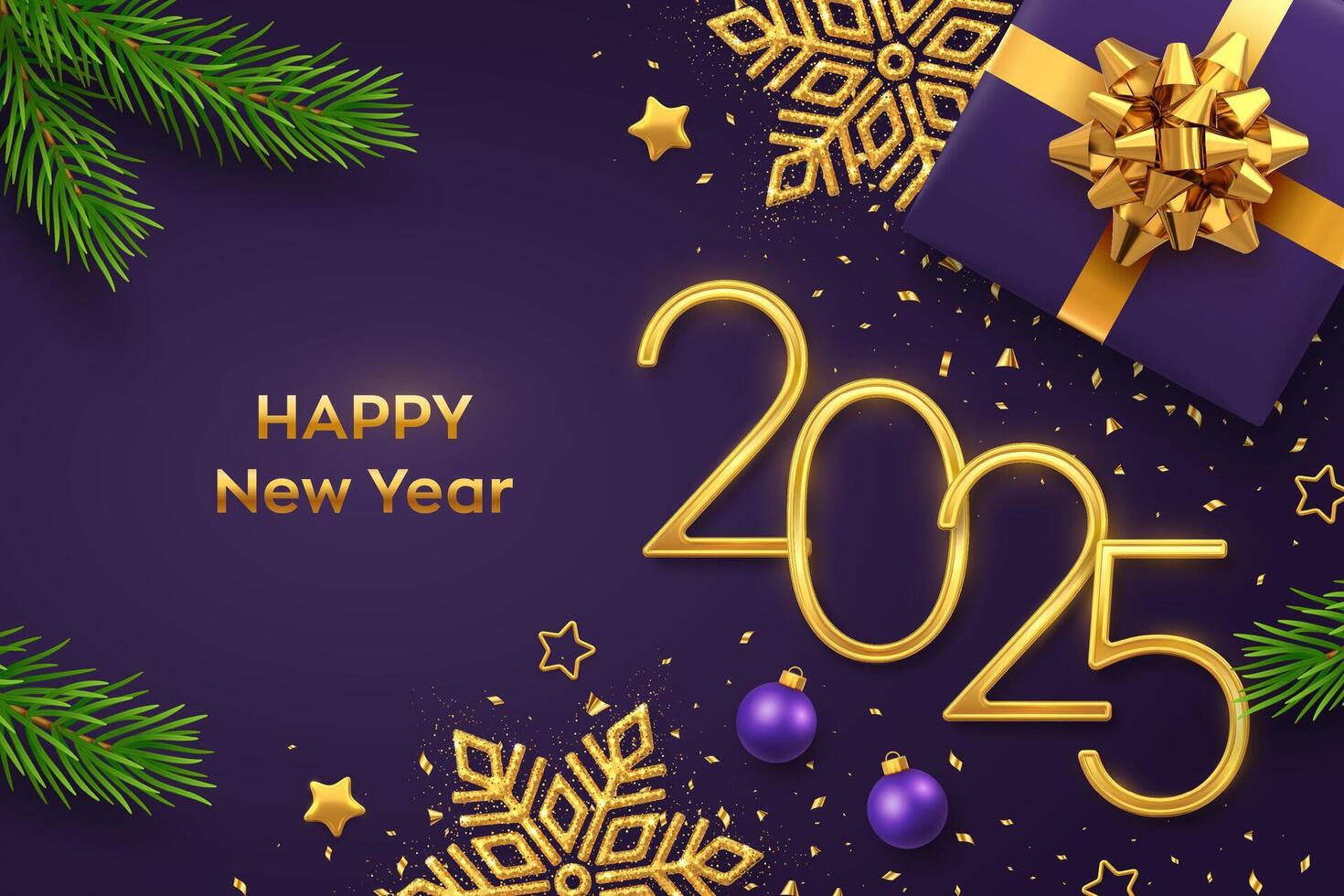 Happy New Year 2025. Golden metallic numbers 2025 with gift box, shining snowflake, pine branches, stars, balls and confetti on purple background. New Year greeting card or banner template. vector