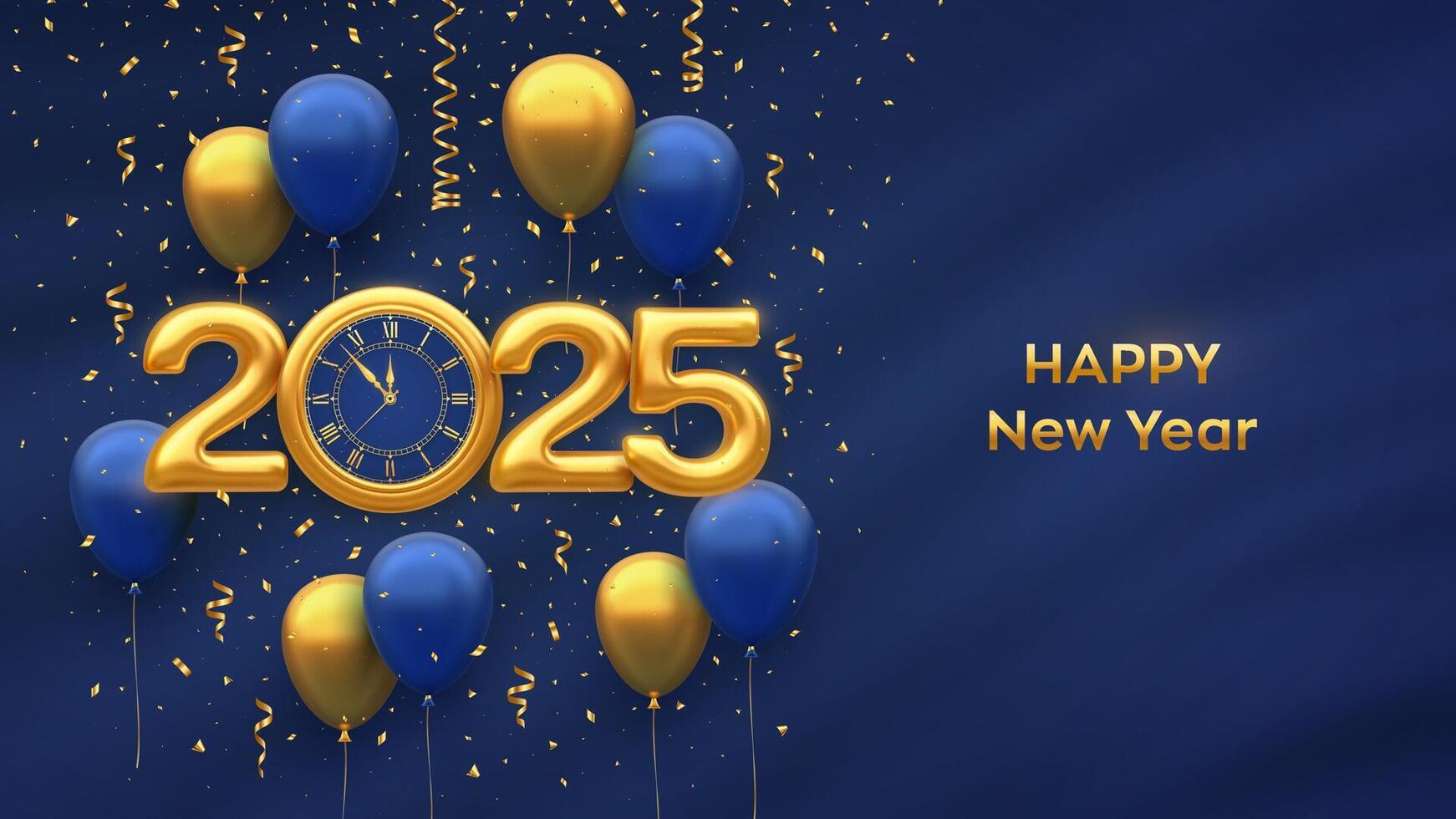 Happy New Year 2025. Gold metallic numbers 2025. Golden watch the countdown to midnight. Festive helium balloons on blue background. New Year, Xmas greeting card, party invitation. vector