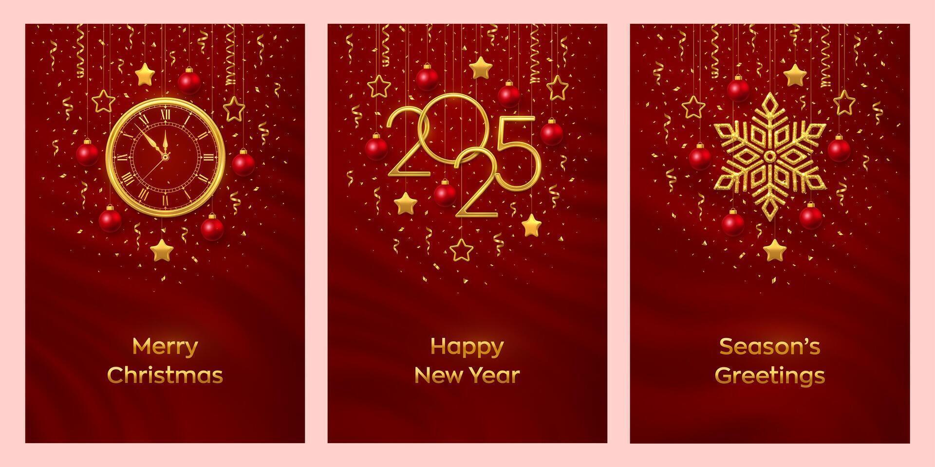 Christmas card set. Happy New Year 2025. Gold numbers 2025, snowflake, watch with Roman numeral and countdown midnight, eve for New Year. Hanging stars, balls on red background. vector
